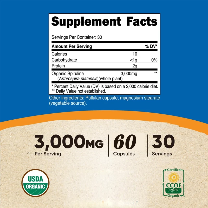 Espirulina 3000mg, 60 cápsulas, elaborada de espirulina orgánica, sin gluten, vegetariana