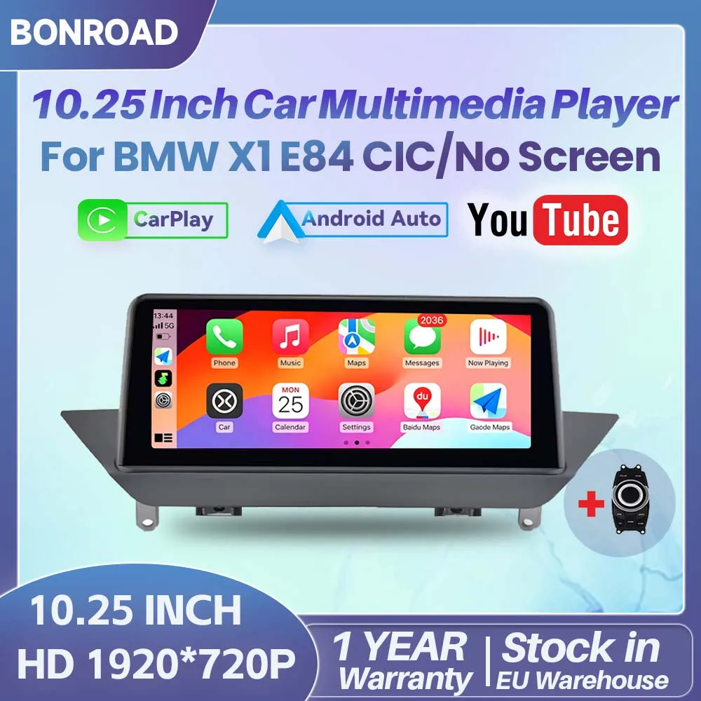 BONROAD Pantalla inalámbrica para coche de 10,25 pulgadas con CarPlay, Android Auto, Linux, para BMW X1 E84 2009-2015, pantalla táctil IDrive con MirrorLink, BT, GPS, función Youtube, compatible con cámara, reproductor multimedia 1