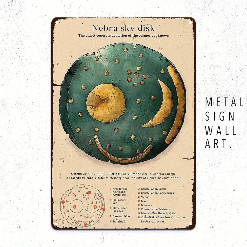 Nebra Sky Disk Wall Art, Retro Astronomy Decor, Aluminum Plaque 20.32x30.48 cm Gift for History Lovers