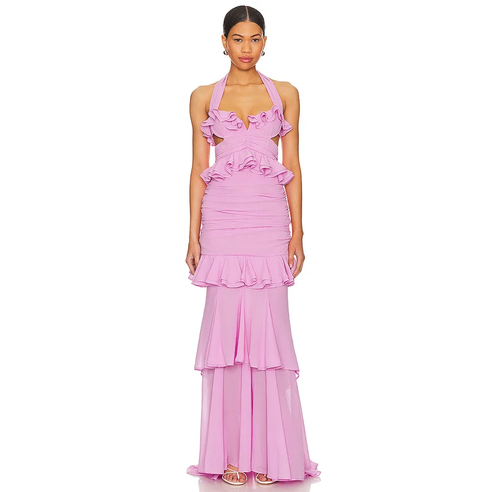 

Beauty Women's Evening Dress Halter Mermaid Prom Gown Floor Length Ruffles Evening Gown Formal Party Dress Sweep Train Long