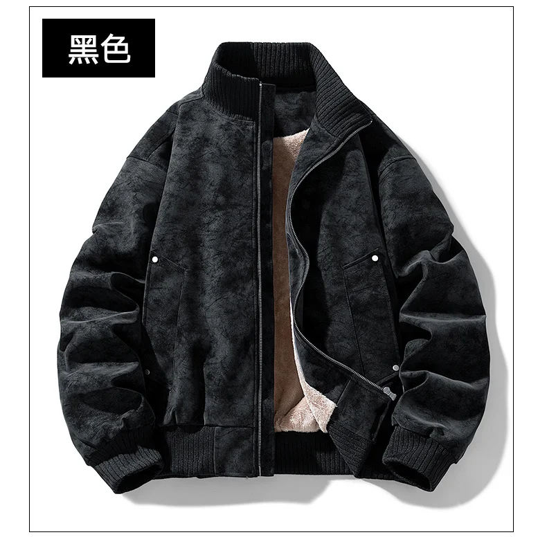 Men Casual Winter Faux Suede Bomber Jacket Stand Collar Parkas Motorcycle Coa Zip Up Warm Thickened Outerwear Fashion 28518