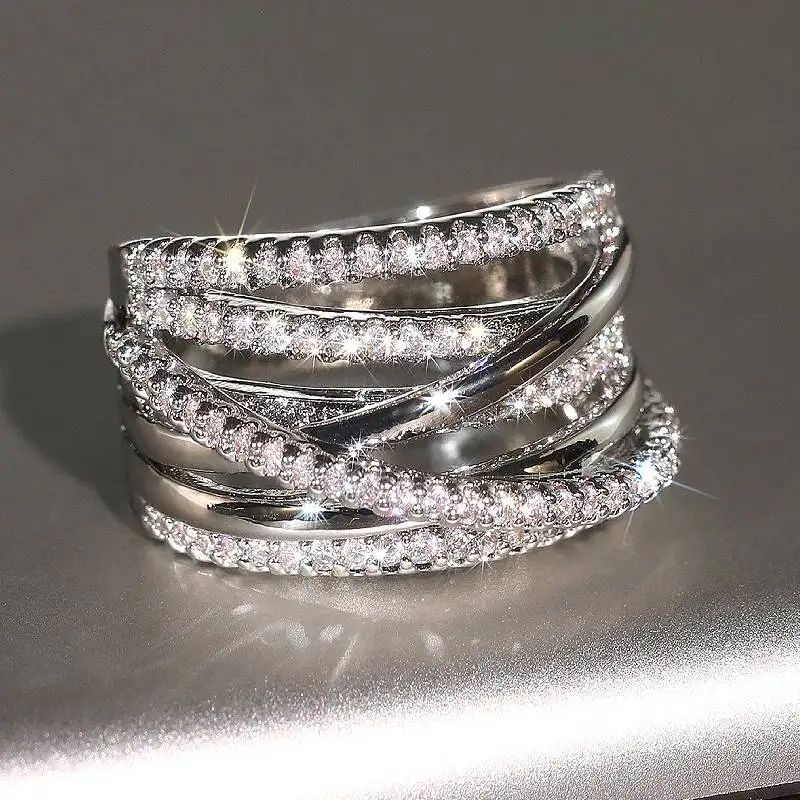Huitan Multi-Cross Design Frauen Ring Einfache Elegante Party Täglichen Schmuck Intarsien Helle Zirkonia Silber Farbe Zubehör