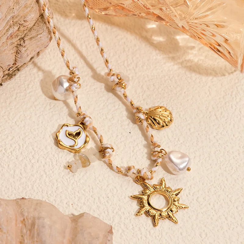 

Bohemian handmade woven ocean series necklace, sun, shell imitation pearl embellishments, stainless steel pendant, party gift