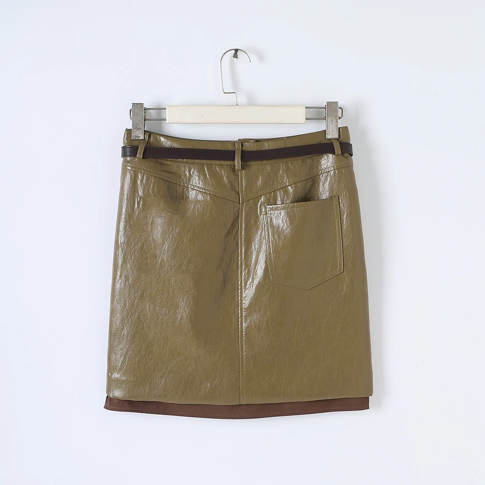 PU leather skirt, Y2K stylish yellowish-green short skirt for women 2026 autumn/winter, with a belt included