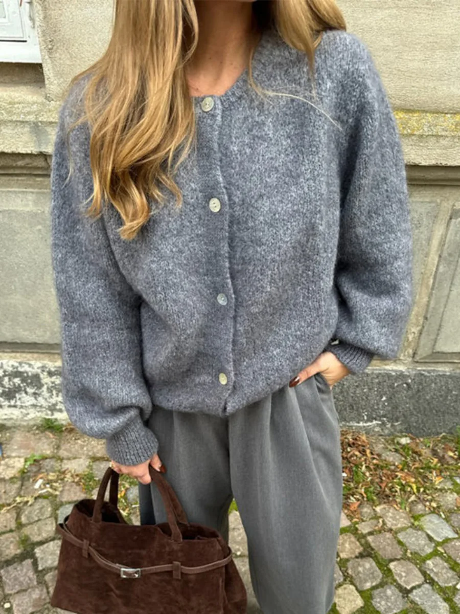 

Women Autumn y2k Vintage Crew Neck Knitted Cardigan Basic Single Breasted Long Sleeve Solid Color Button Up Sweaters Crop Tops