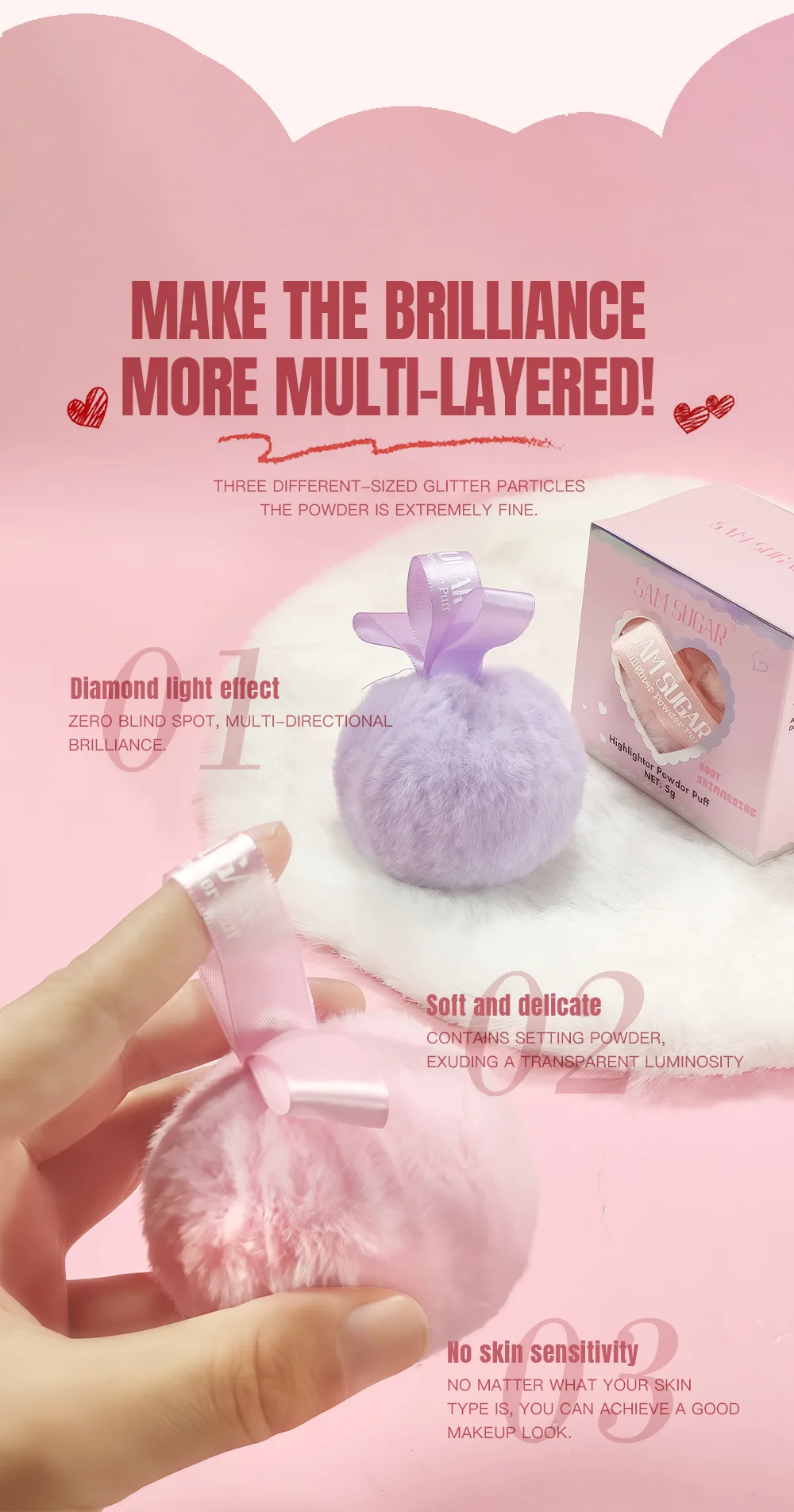 Pink Peach Shining Powder High Glitter Makeup For Face Body Collarbone Highlighting With Soft Puff Multi Use Cosmetic