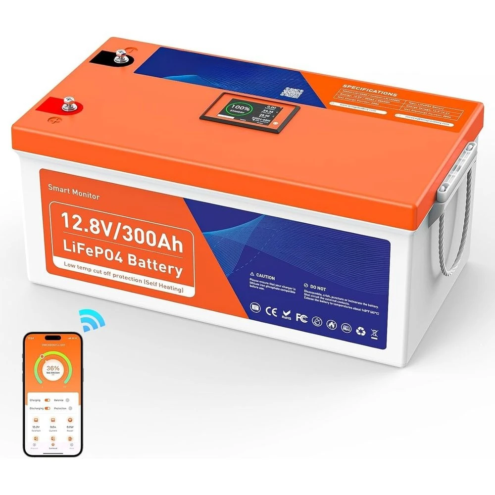 

12V 300Ah Self-Heating LiFePO4 Lithium Battery with Smart Touch Screen & Bluetooth App, Built-in 200A BMS, 2560W Power