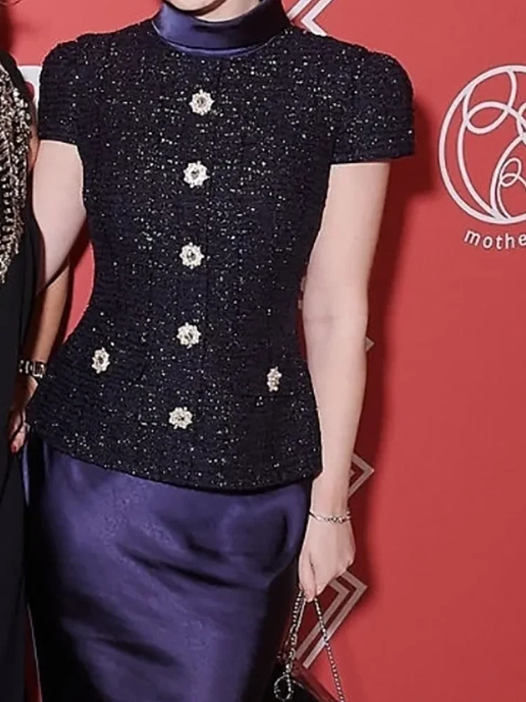 

Classic High Neck Sequined Button Short Sleeve Floor Length Formal Evening Dresses Birthday Party Prom Gowns Customized