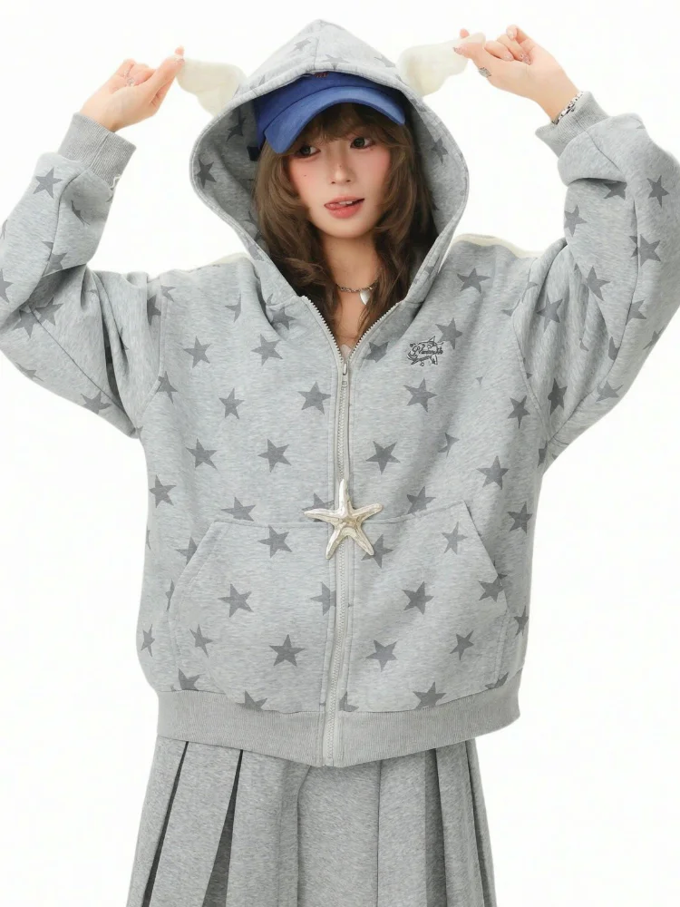 Vintage Zip Hoodie - Women's Y2K Star Print Hoodie Coat