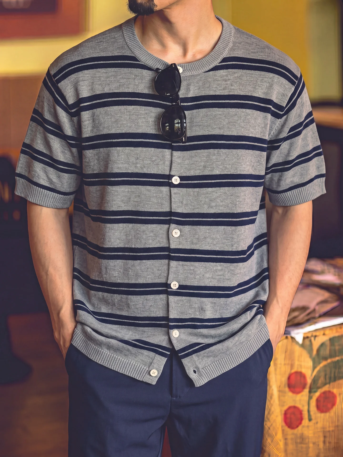 Men's Summer Breathable Retro Striped Henry Collar Knitted Open Cardigan Linen Lyocell Italian Style Commute Top Casual Tee