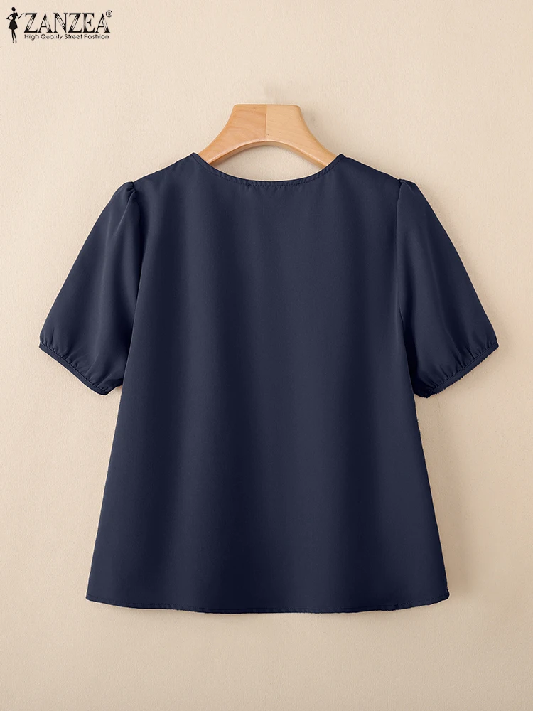 ZANZEA femmes Blouses élégantes plissé col rond trou de serrure décolleté manches courtes bouffantes couleur unie hauts usage quotidien 3 couleurs S-XXXL