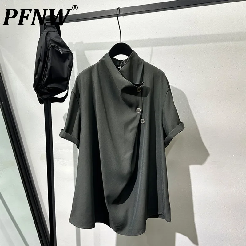 

PFNW New Men's Shirts Irregular Button Casual Tops Vintage Pullover Short Sleeve Loose Male Clothing Simple Summer 12C302