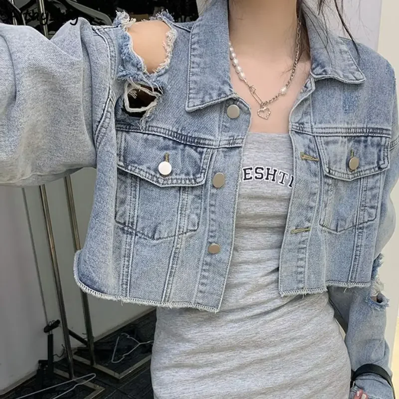 Denim Jackets Women Vintage Casual Hollow Out Design Harajuku Summer Korean Style New Popular Prevalent Streetwear All-match Ins