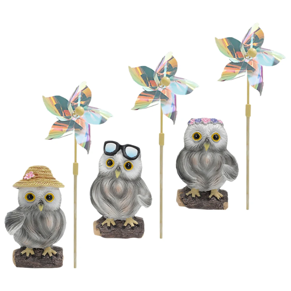 3 مجموعات حديقة البومة طاحونة الدولاب في الهواء الطلق الدورية ديكورات للباحة الملونة دائم البلاستيك الراتنج Pinwheels Pinwheels لساحة #1