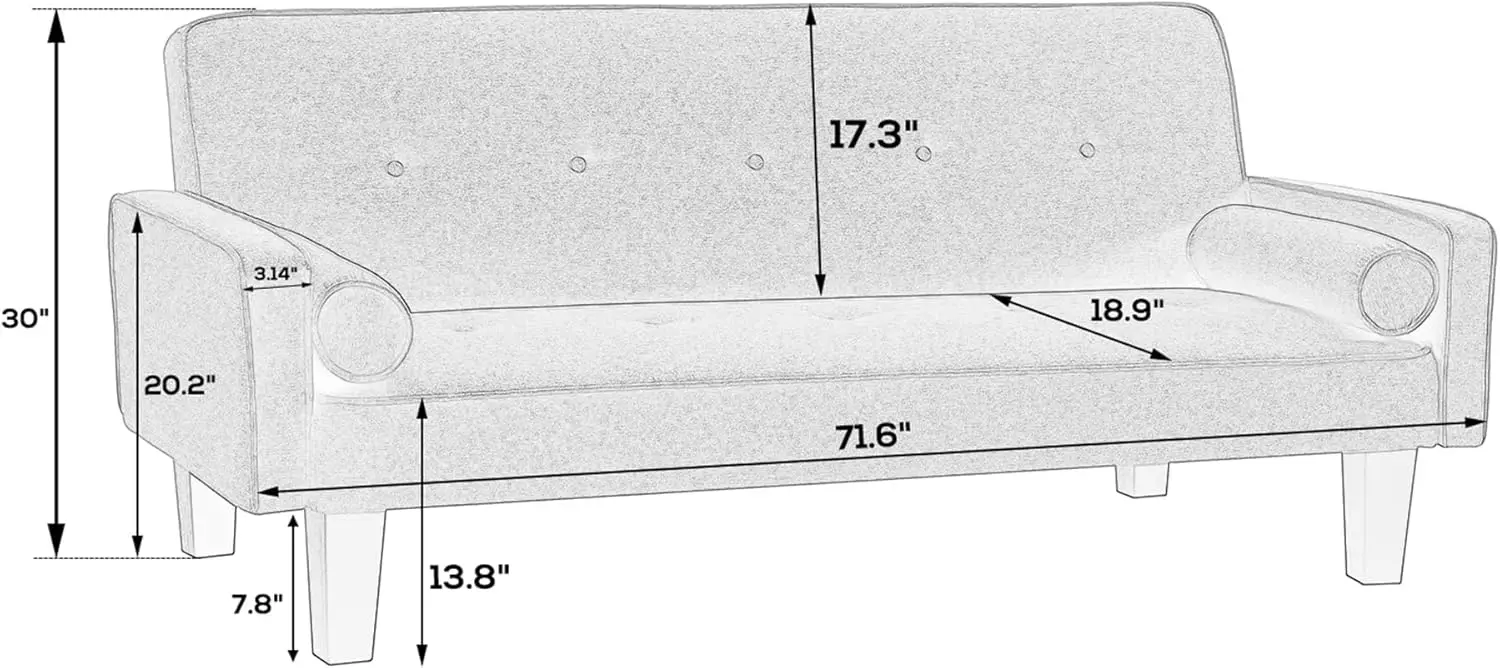 Divano letto convertibile da 72 "con 2 cuscini, divano letto in cotone e lino con gambe in legno massello, pieghevole imbottito moderno