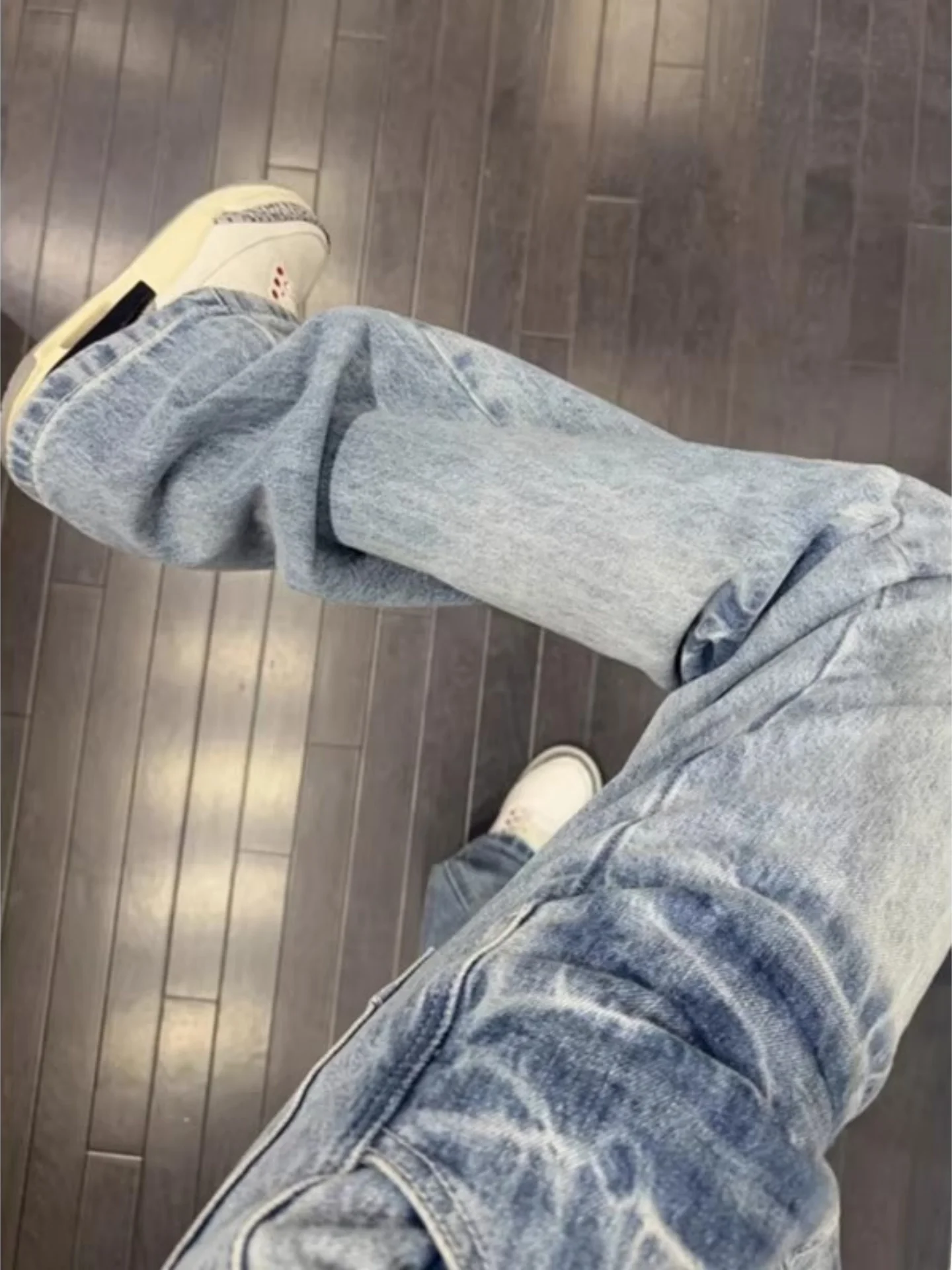 

American Washed Lightning Pattern Men's Straight Leg Jeans High Street Vibe Small Design Sensation Micro Flared Knife Long Pants