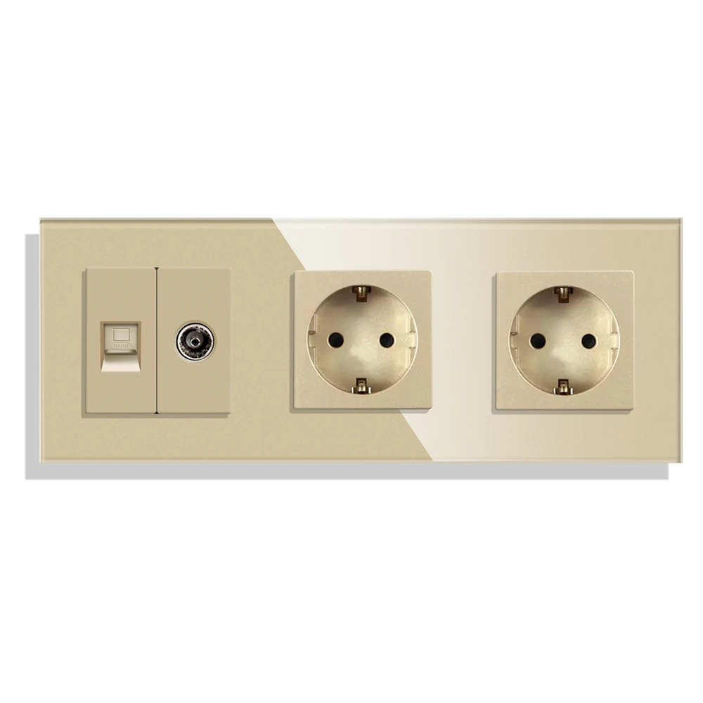 Bingoelec TV Computer Internet With EU Russia Standard Sockets Double Wall Plug Crystal Glass Panel Home Improvement