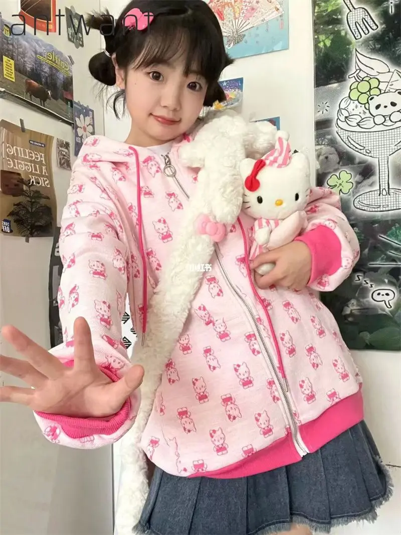 Hello Kitty Cute Pajamas Anime Pure Cotton American Style Cute Kt Cat Padded Thickened Hood Loose Sanrio Comfortable and Warm