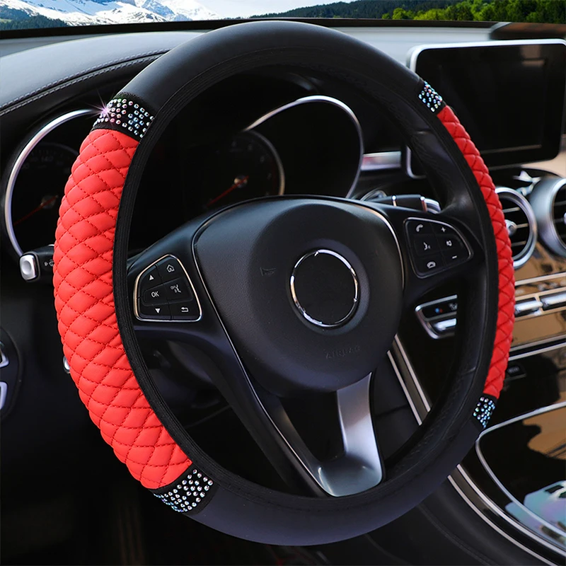Diamond-Encrusted PU Leather Steering Wheel Cover Embroidered Rimless Car Accessory for 14.5-15 Inch Interior