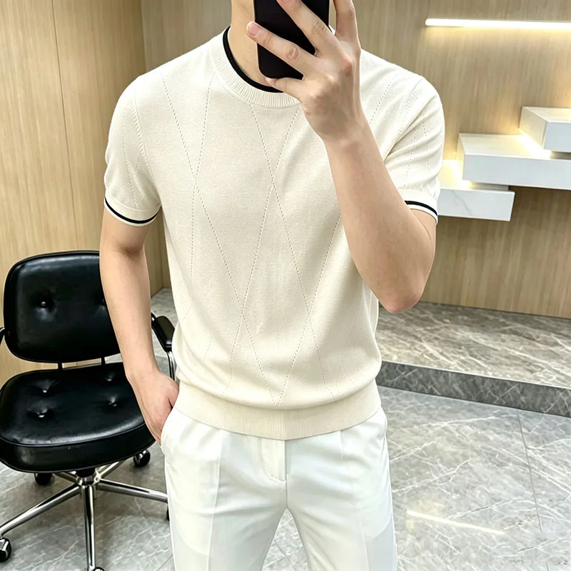 

Light Luxury New Men's Ice Silk Knitted Short-sleeve T-shirt, Round Neck, Color-block, Casual, Versatile, Comfortable