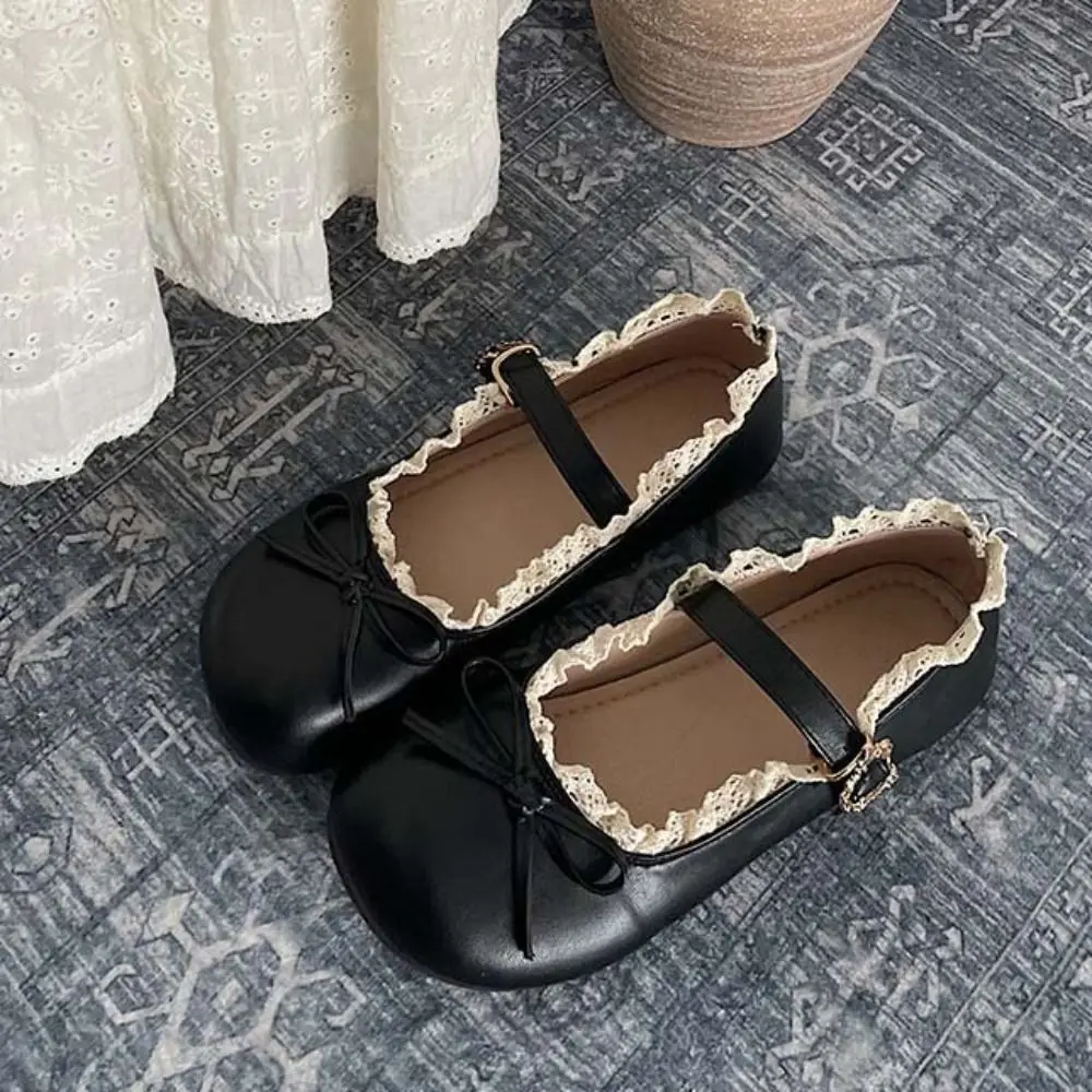 

Elegant PU Leather JK Flat Shoes Lace Ruffled Bow Casual Ballet Flats Sweet Soft Sole Slip On Loafers Party