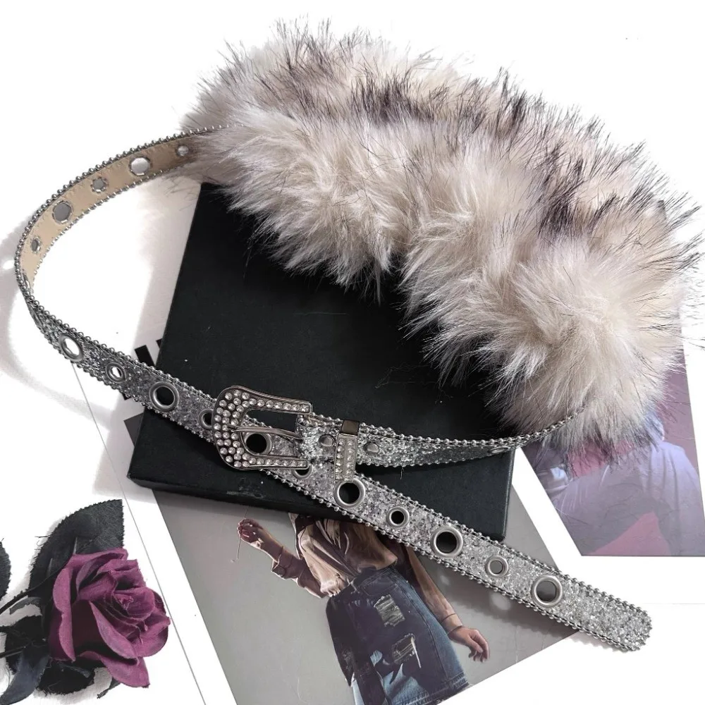 Simple Y2K Leather Fur Belt Rhinestone Punk Furry Waistband Jeans Decor Retro Plush Waist Belt Daily