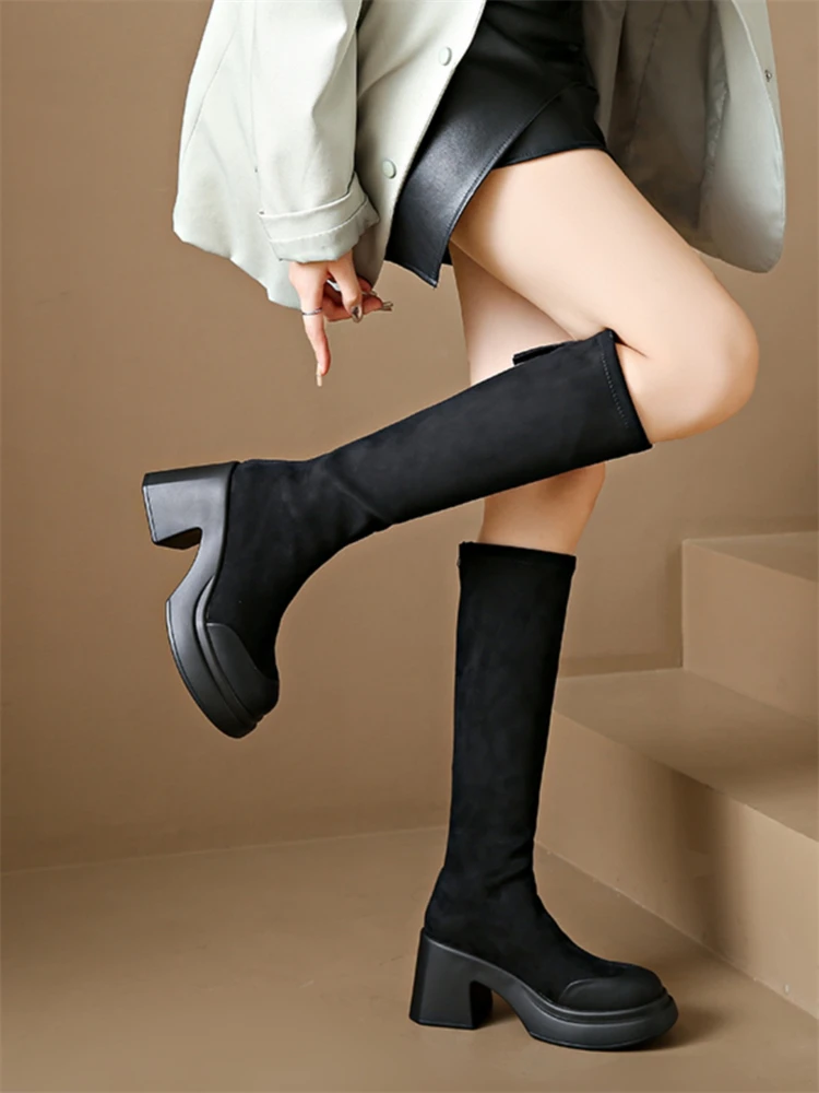 

Khaki Black Round Head Temperament Back Zipper Stitching Fashion Women's Boots Fashion Knee High 9cm Heel Winter Shoes