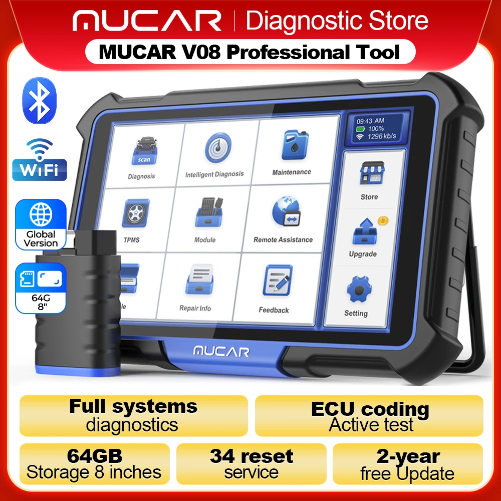 

MUCAR VO8 OBD2 Diagnostic Tool Active Test ECU Coding All System Diagnosis, 34 Reset 64GB obd 2 Automotive Scanner FCA Gateway