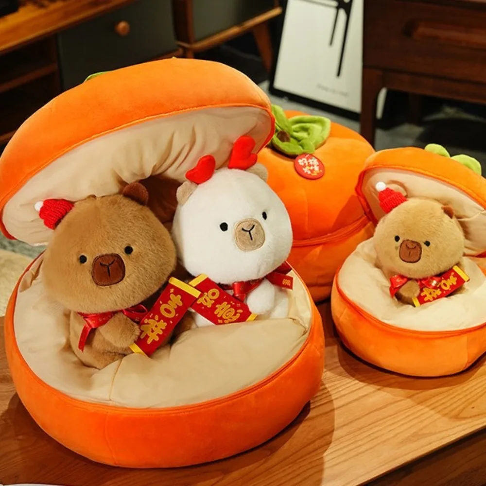 Persimmon Capybara Plush Doll Everything Goes Smoothly Auspicious Capybara Plush Toy Simulation Dress Up Capibara Fluffty Doll