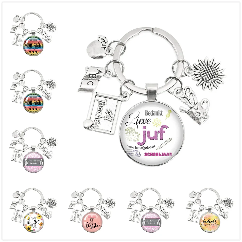 New VOOR DE Liefste Juf Sleutelhanger Glass Keychain Anneau Porte Clef Bedankt Juf Cadeau Thank You Dear Teacher Gift Jewelry