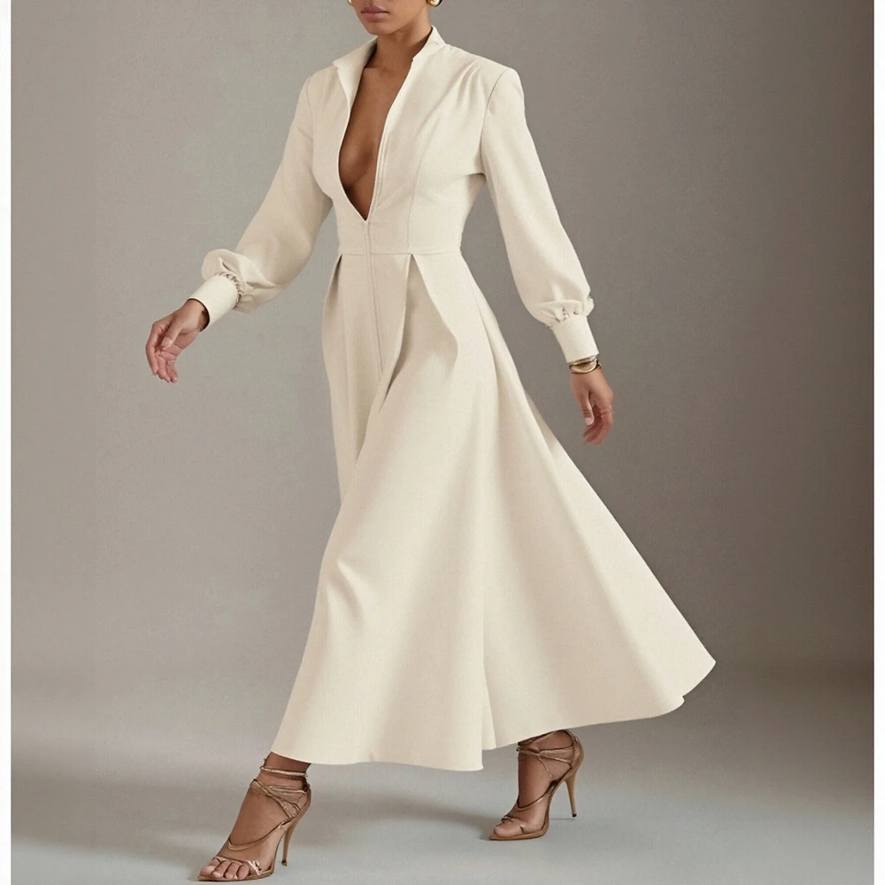 Midi-jurk met lange mouwen en V-hals voor dames Herfst Winter Effen A-lijn Basics Gesmoorde taille Jurk Fatsoenlijke mode