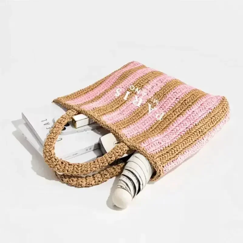 Women Fashion Striped Summer Beach Straw Knitting Shoulder Bag Hollow Out Handwoven Handbags Portable Large Capacity Casual Tote