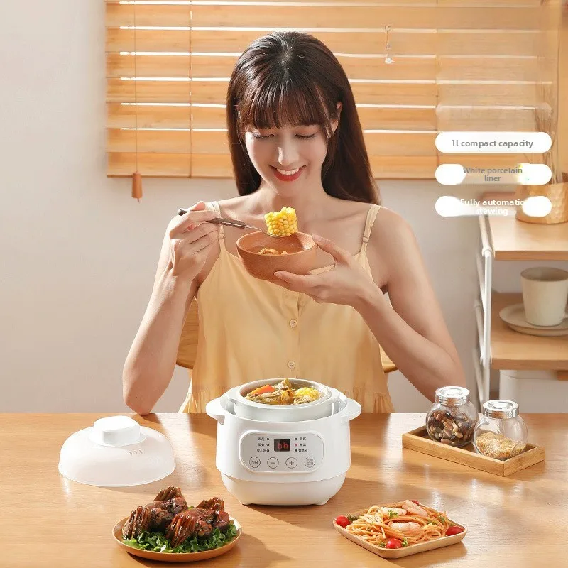 1L Automatic Ceramic Slow Cooker Home Stew Pot for Bird's Nest And Soup with 24H Reservation Water Bath Stewing Pot