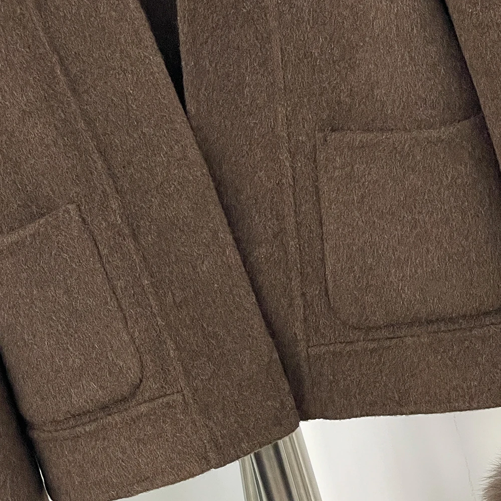OFTBUY Elegante Warme Oberbekleidung Damen Luxus Doppelseitiger Wollmantel Winter Offene Fronttasche Echte Fuchspelz-Manschetten Wollmantel – Detail 14