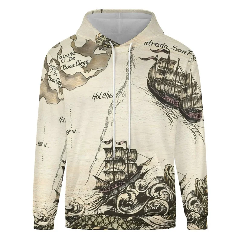 3D Print Cartoon Navigation Hoodies For Men Abstract Map Ship Pattern Pullovers Casual Hooded Sweatshirts Long Sleeve Loose Tops