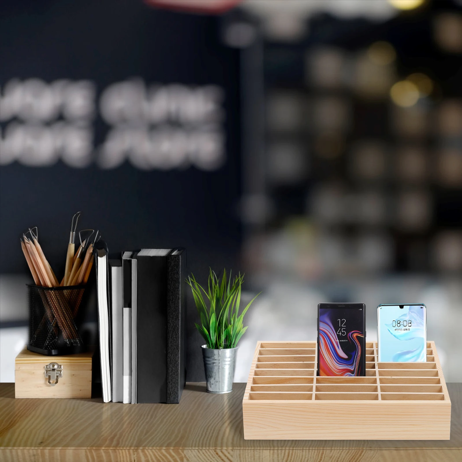 

36-Grid Phone Mobile Phone Finishing Box Box Wooden Cell Rack for Classroom Meeting Office Repair Shop Home Supply Organizer