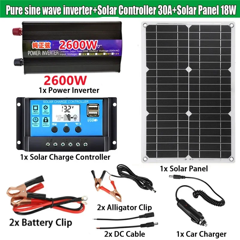 1000-2600WLCD Display Solar Power Inverter 18V18WSolar Panel 30A Charge Controller Car Solar Inverter Kit Complete Generation