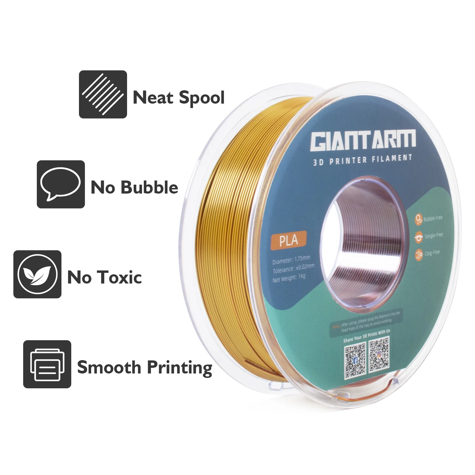 Filament PLA Giantarm Tri Color Silk 1,75 mm, szpula 1 kg, dokładność +/-0,03 mm, pakowany próżniowo, szybka wysyłka — zdjęcie produktu 4