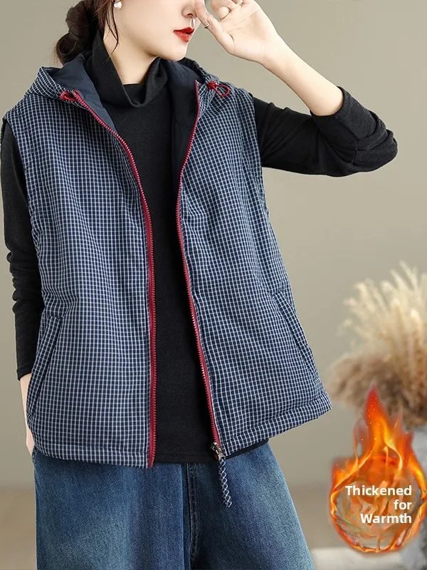 سترة قطنية نسائية بدون أكمام للخريف والشتاء، قابلة للارتداء على الوجهين، بغطاء للرأس، تصميم عصري دافئ بنمط مربعات، مناسبة للت...