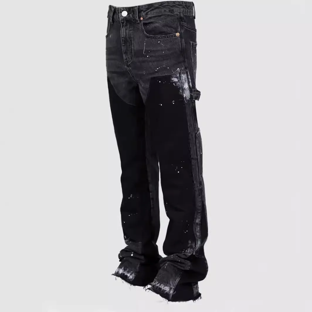 

Men's Denim Work Trousers Faionable Ins Patchwork Elastic Layered Flared Pants Stand Fit Loose Straight Teenager Suitable