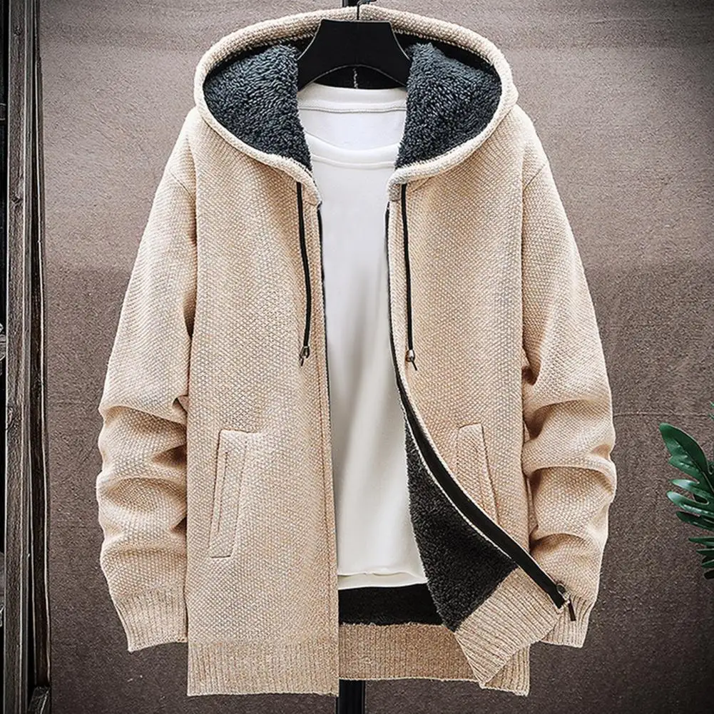 Knitted Texture Men Jacket Men's Thickened Fleece Hooded Winter Jacket with Drawstring Zip-up Sweater Coat Elastic for Daily