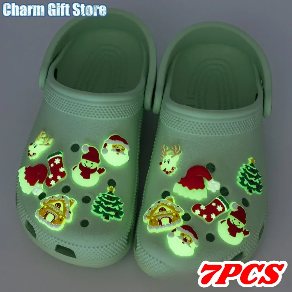 7pcs Luminous Christmas Shoe Charms for Crocs Bubble Slides Sandals Santa Claus Slippers Accessories Xmas Gift