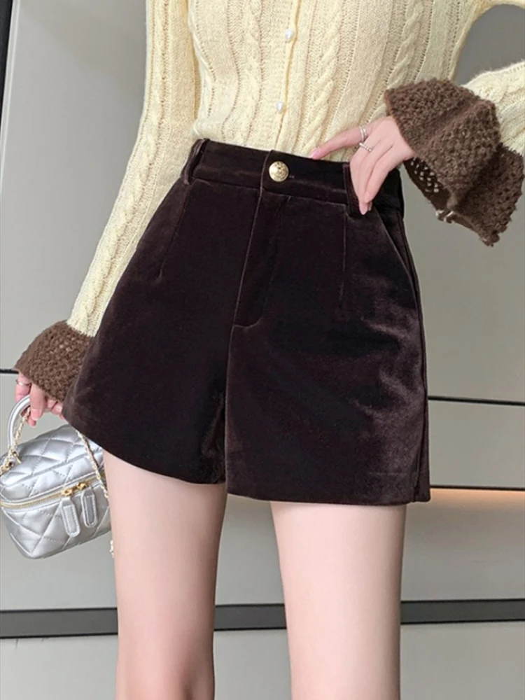 Coffee Colored Velvet Shorts for Women's Autumn and Winter New Style High Waist for Slim A-line Wide Leg Bottom Casual Shorts