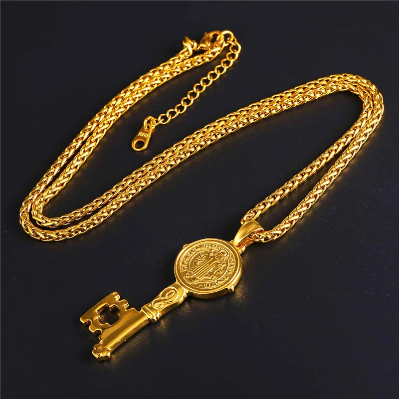 ChainsPro St Medal Printed Key Pendant Stainless Steel Gold/Black Color Men Jewelry Saint Benedict Lock Key Necklace Women P246