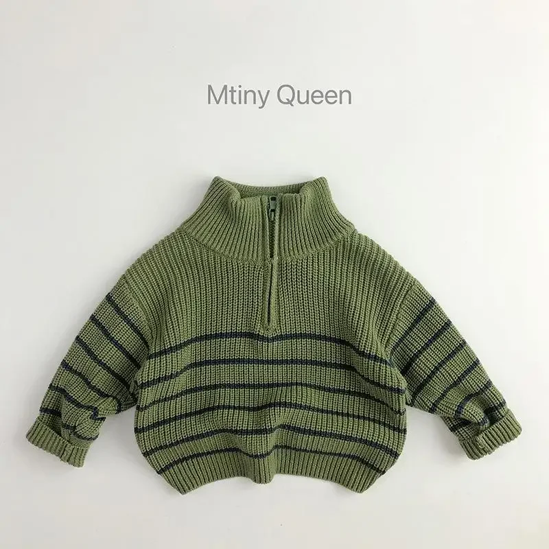 Boy Girl Sweater Autumn Winter New 2024 Striped Flip Collar Zipper Knitted Loose Coat Casual Simple Fashion Sweet Korean Active