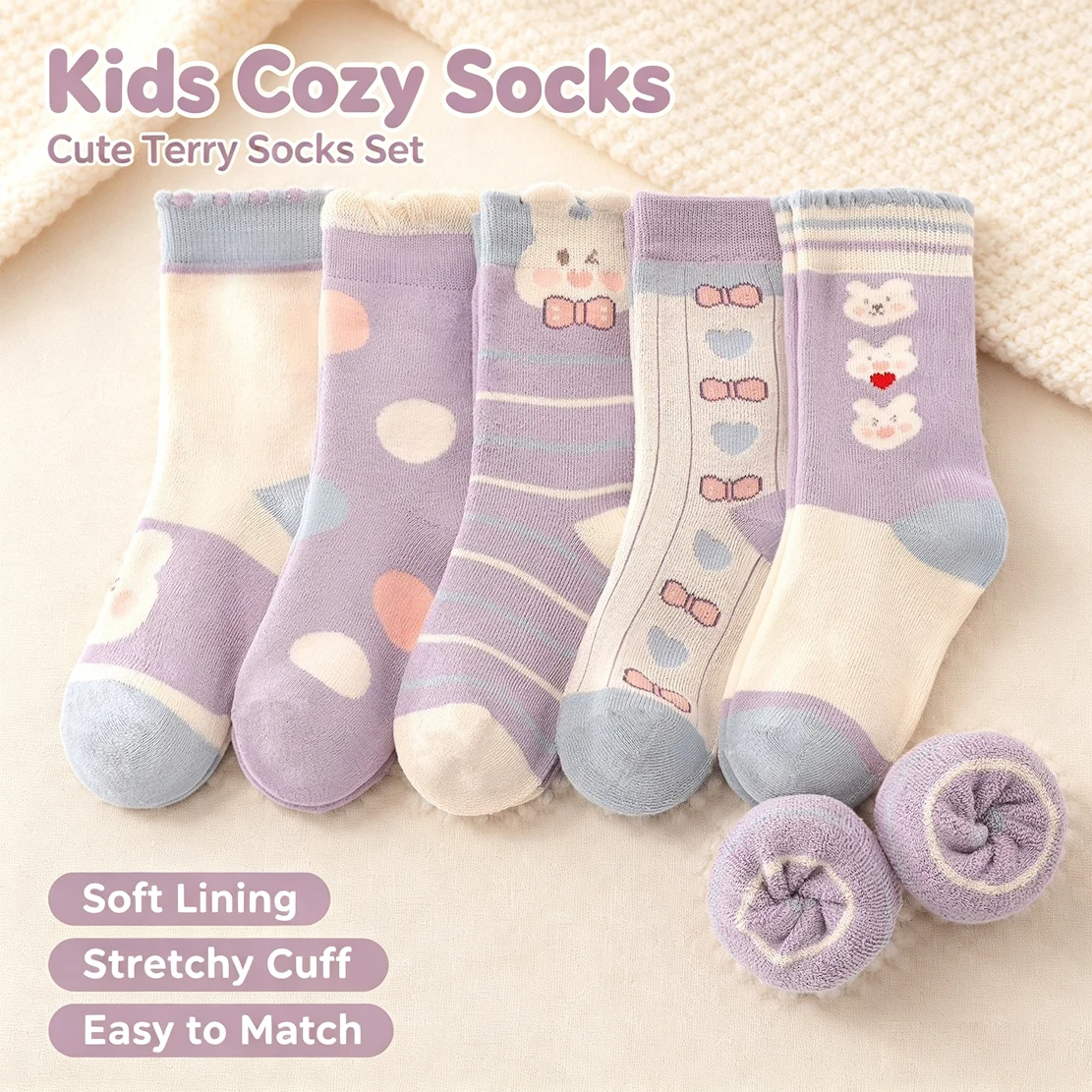 5 Pairs Kids Terry Socks Winter Thick Warm Mid Calf Socks Cute Cartoon Rabbit Bear Pattern Stretchy Soft Socks for Girls