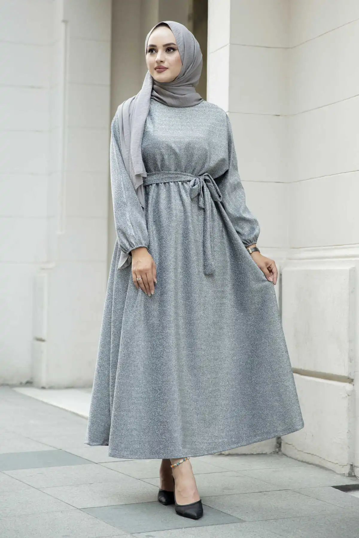 Silvery Bat Sleeve Dress SB-Gray