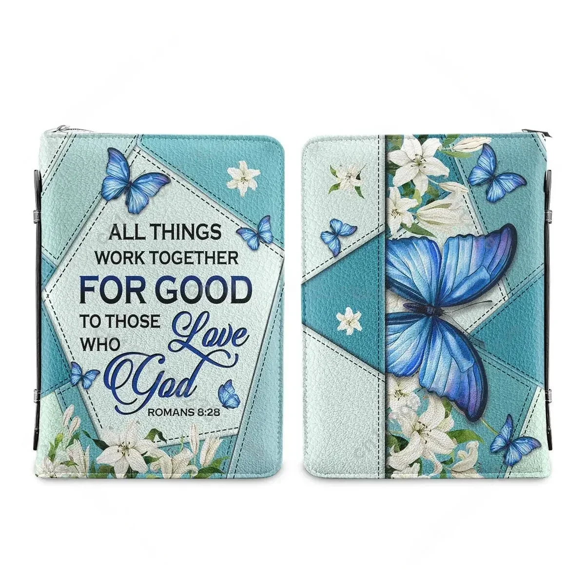 Fundas para Biblia personalizadas para mujer 2024, con diseño de mariposas azules y la frase: Todo lo que hay funciona juntos por el bien de los que aman a Dios. Bolsas para Biblia con estampado.