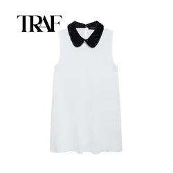 TRAF 2024 New Bead Decoration Boll Collar Mini Dress Solid Color Sleeveless Women's Dresses Princess Style Party Dress