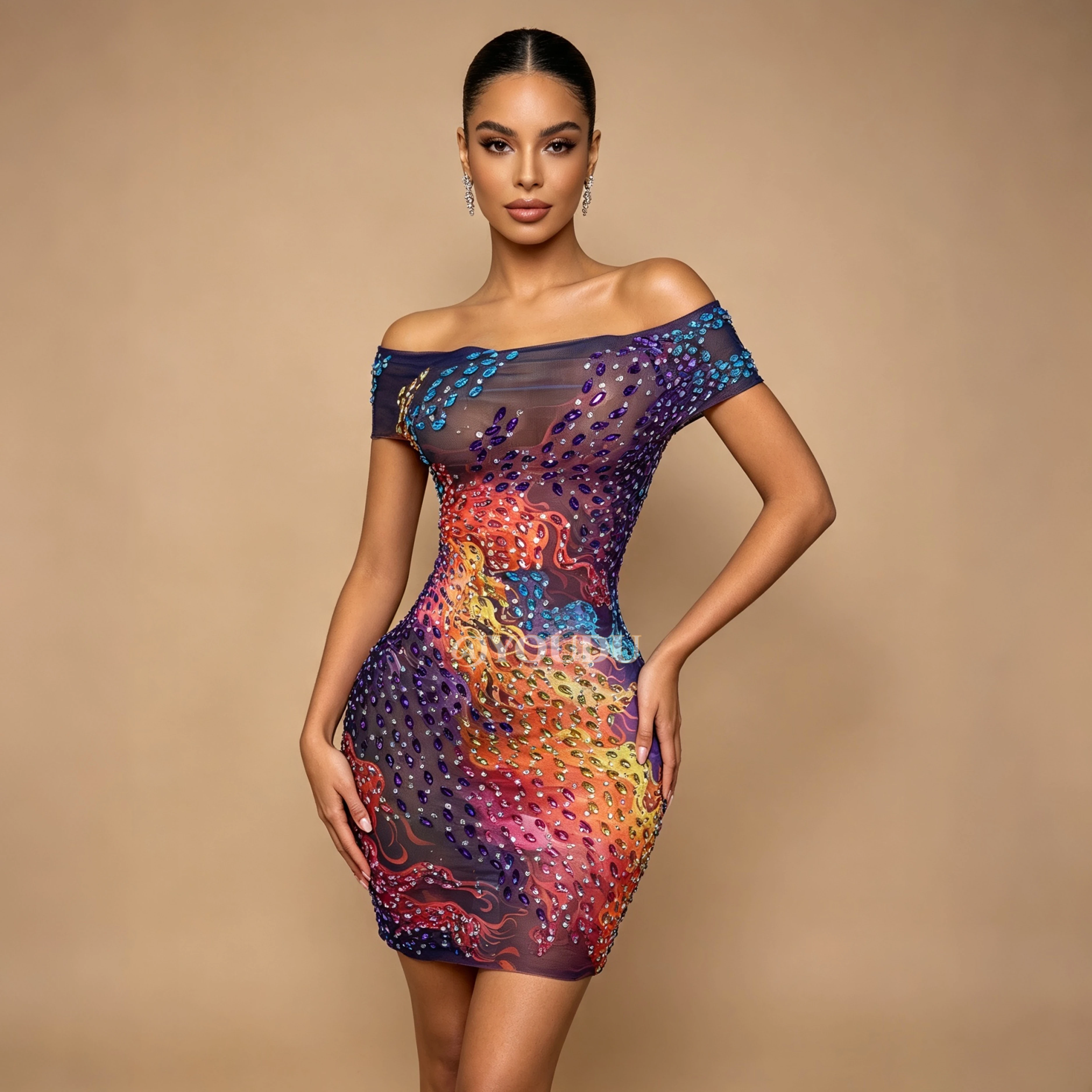 Elegance Off-Shoulder Flashing Rhinestones Trim Fit Sexy Mesh Dress Evening Birthday Exquisite Gown Fashion Show Outfit Hualin